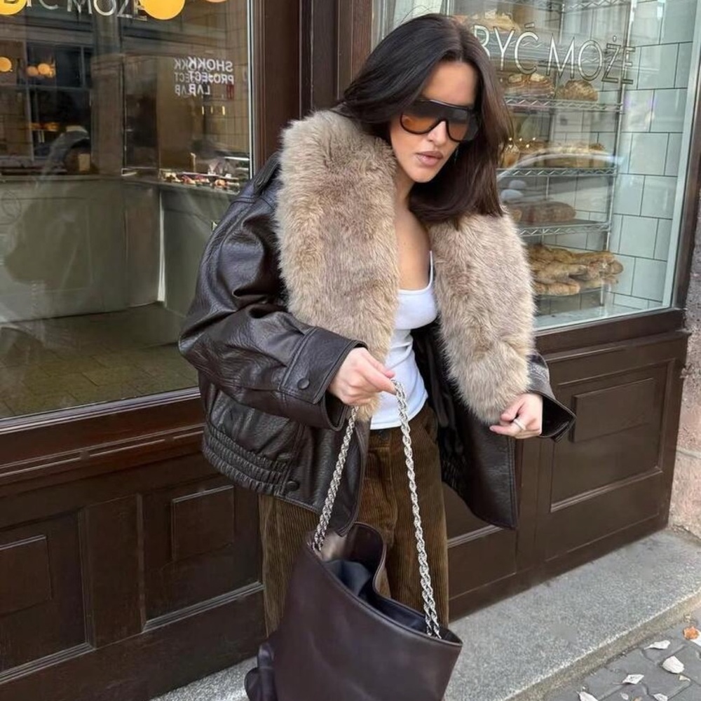 vegan leather faux fur trimmed fur collar leather jacket brown